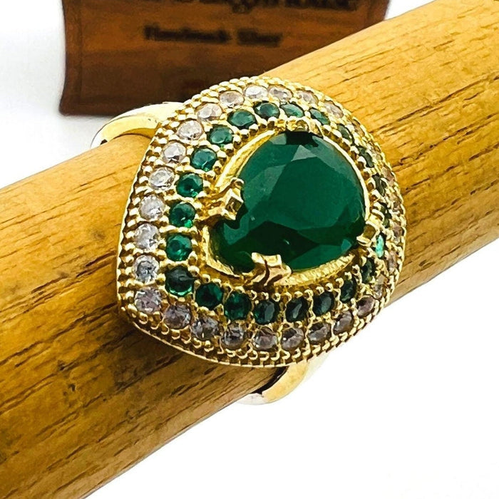 Turkish Handmade Sterling Silver Emerald Ring for Women - Ottoman Style Hurrem Sultan Inspired Green Gemstone Jewelry