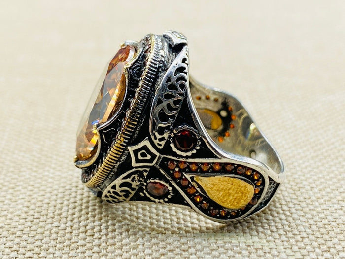 Turkish Handmade Sterling Silver Men's Ring with Champagne Citrine Gemstone - TryAladdin