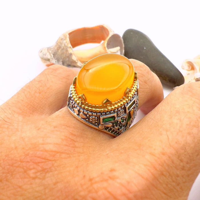 Turkish Handmade Yemeni Yellow Agate Men's Ring | Ottoman Style 925 Sterling Silver