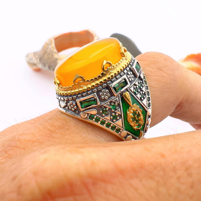 Turkish Handmade Yemeni Yellow Agate Men's Ring | Ottoman Style 925 Sterling Silver