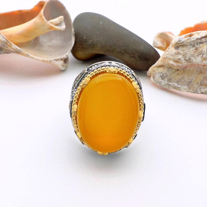 Turkish Handmade Yemeni Yellow Agate Men's Ring | Ottoman Style 925 Sterling Silver