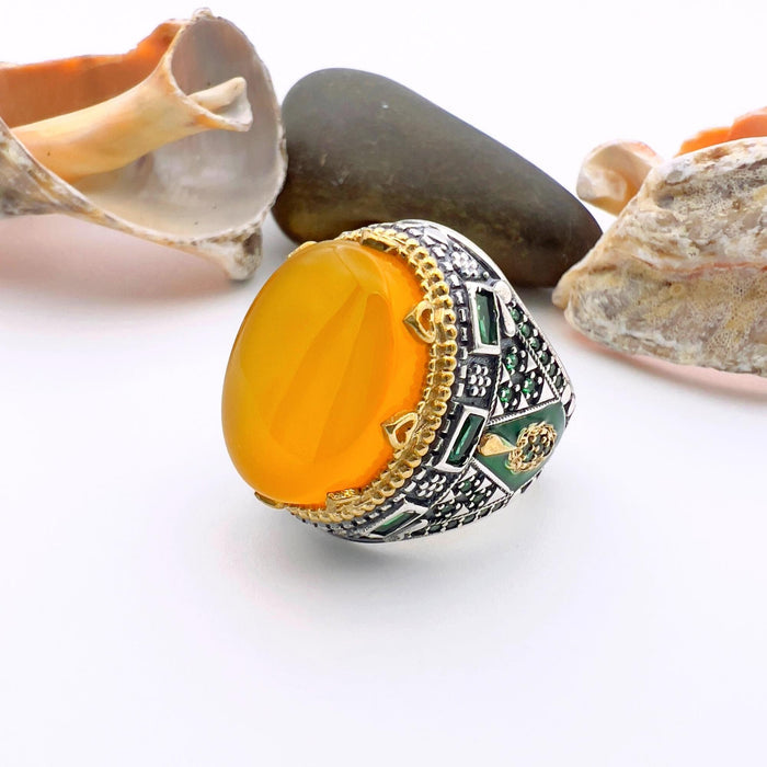Turkish Handmade Yemeni Yellow Agate Men's Ring | Ottoman Style 925 Sterling Silver