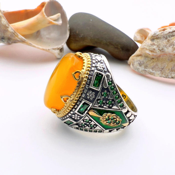 Turkish Handmade Yemeni Yellow Agate Men's Ring | Ottoman Style 925 Sterling Silver