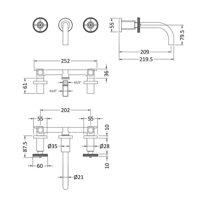 [BTIW317] Tyrley Wall Mounted Basin Tap - Choice of Colour - Technical Drawing