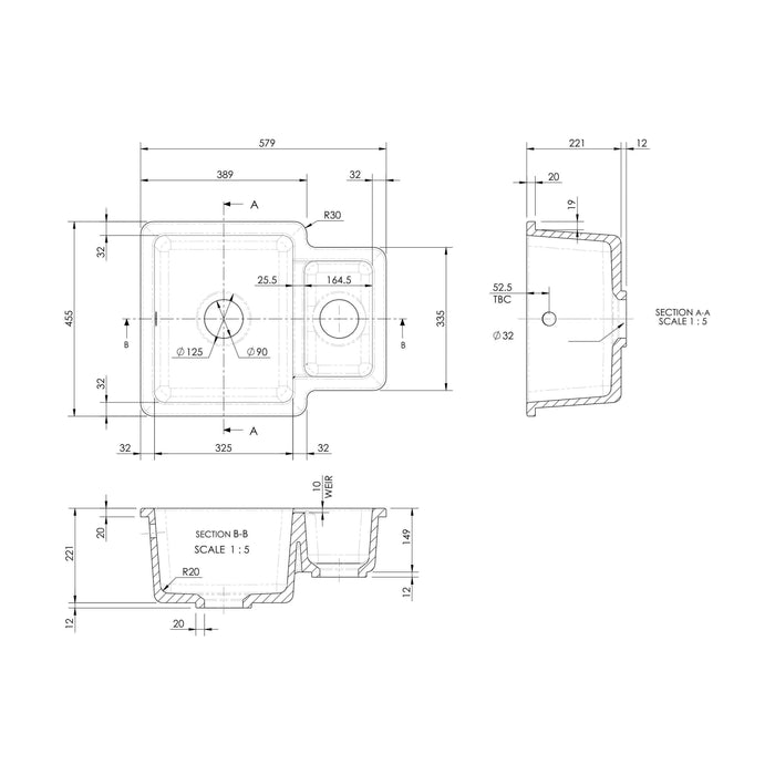 [BALPS130H22C] Undermount 1.25 Sink C/W O/F 548x442x197 - Technical Drawing