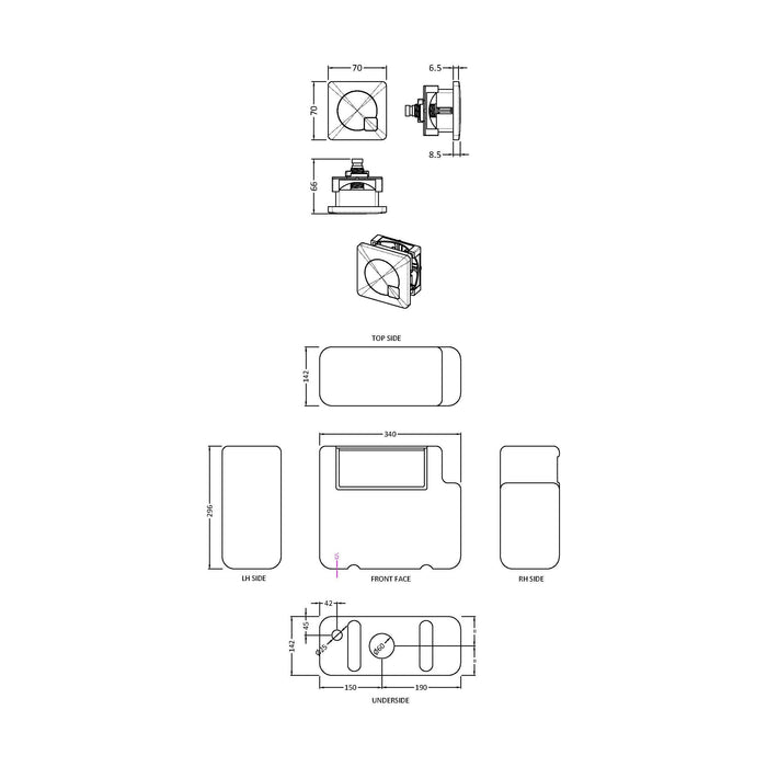 [BCC8M01B] Universal Water Saving Dual Flush Bottom Inlet with Square Push Button - Technical Drawing