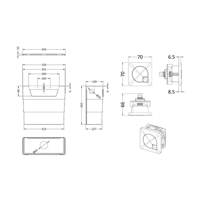 [BCC8M04B] Universal Water Saving Dual Flush Bottom Inlet with Square Push Button - Technical Drawing