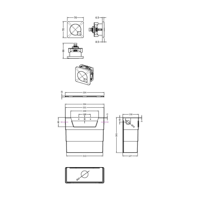 [BCC6M01] Universal Water Saving Dual Flush Side Inlet & Square Dual Flush Button - Choice of Finish - Technical Drawing