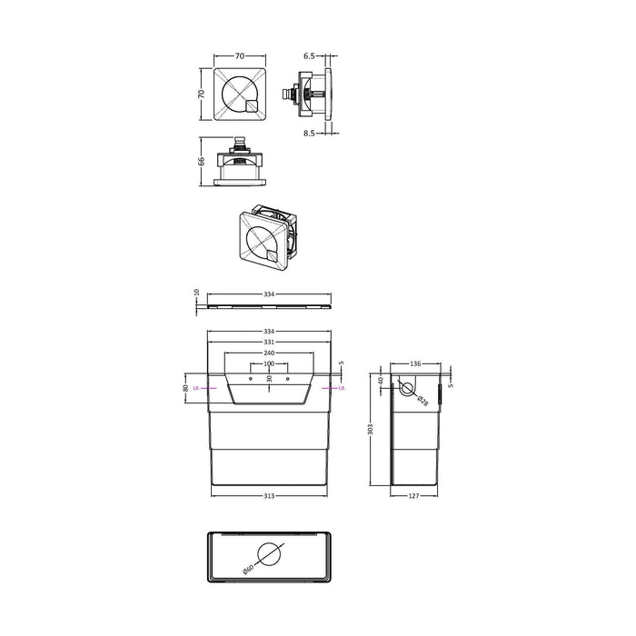 [BCC6M03] Universal Water Saving Dual Flush Side Inlet & Square Dual Flush Button - Choice of Finish - Technical Drawing