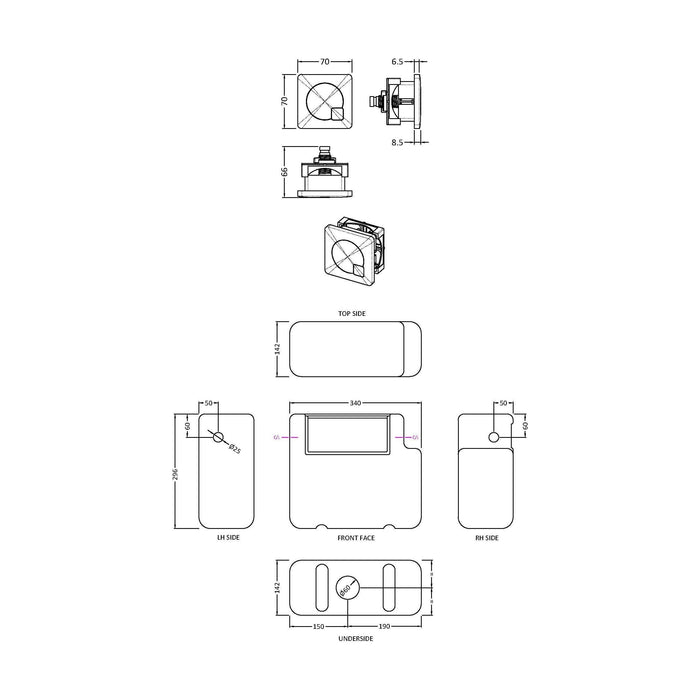 [BCC8M03] Universal Water Saving Dual Flush Side Inlet with Square Push Button - Technical Drawing