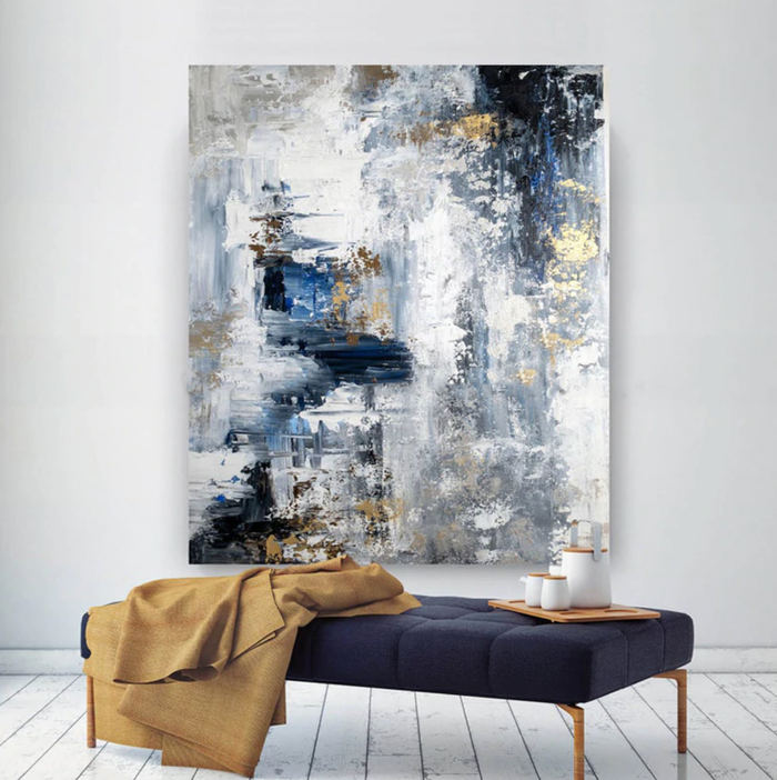 Urban Tranquility – Luxury Hand-Painted Abstract Canvas Art in Blue, Gray & Gold