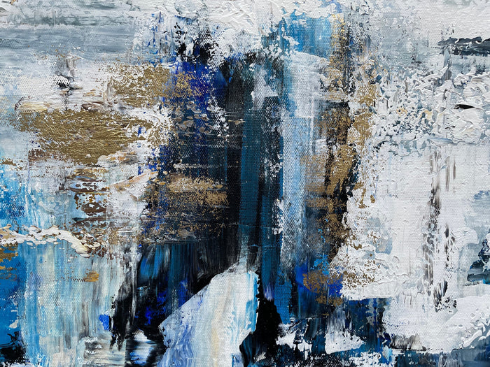 Urban Tranquility – Luxury Hand-Painted Abstract Canvas Art in Blue, Gray & Gold