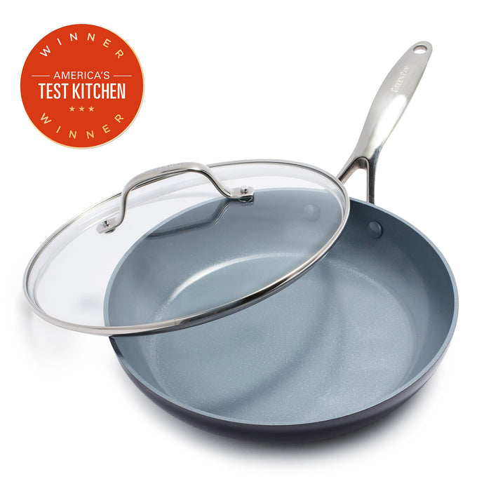 Gray ceramic nonstick 10-inch frypan with matching lid, hard-anodized aluminum construction.