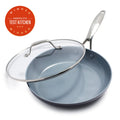 Gray ceramic nonstick 10-inch frypan with matching lid, hard-anodized aluminum construction.