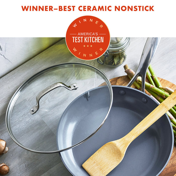 10-inch ceramic nonstick frypan with matching glass lid, matte gray finish, stainless steel handle.