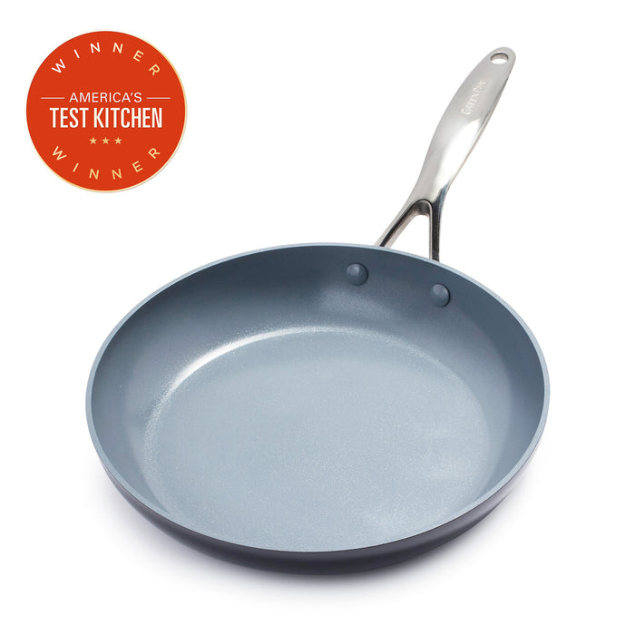 Gray ceramic 10-inch frypan with metal handle next to an orange ATK Winner badge.