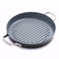 Round ceramic grill pan with raised ridges and two metal handles, single piece, dark finish.