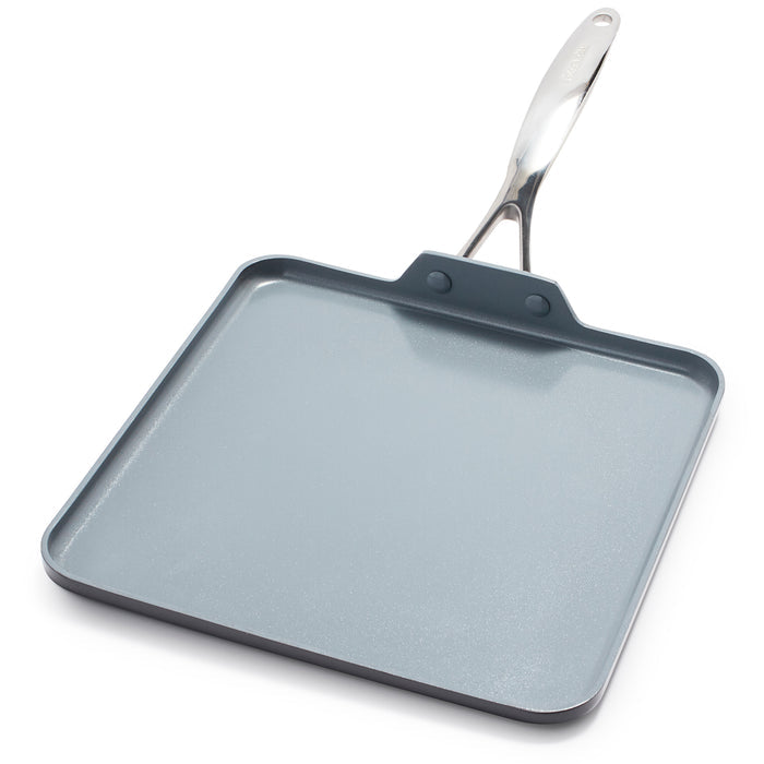 Square ceramic griddle pan with a long metal handle, single piece, shown in a neutral color.