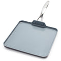 Square ceramic griddle pan with a long metal handle, single piece, shown in a neutral color.