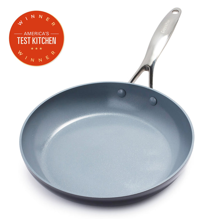Gray ceramic nonstick 12-inch frypan with metal handle next to an America’s Test Kitchen Winner badge.
