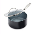 Gray ceramic saucepan with metal handle and glass lid, set on a white background.