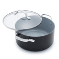 The Valencia Pro Ceramic Nonstick 5.5-Quart Stockpot with Lid features a black, hard anodized body, silver handles, and a clear glass lid—ideal scratch-resistant cookware to enhance any kitchen.