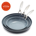 Three gray Valencia Pro Ceramic Nonstick frypans (8", 9.5", 11") with stainless steel handles are stacked together. A red badge in the corner reads America's Test Kitchen Winner.
