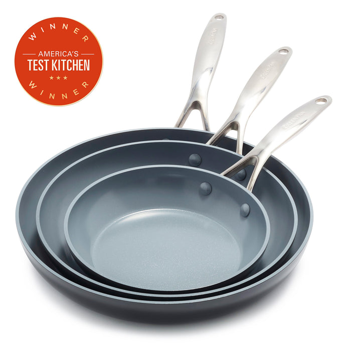 Three gray Valencia Pro Ceramic Nonstick frypans (8", 9.5", 11") with stainless steel handles are stacked together. A red badge in the corner reads America's Test Kitchen Winner.