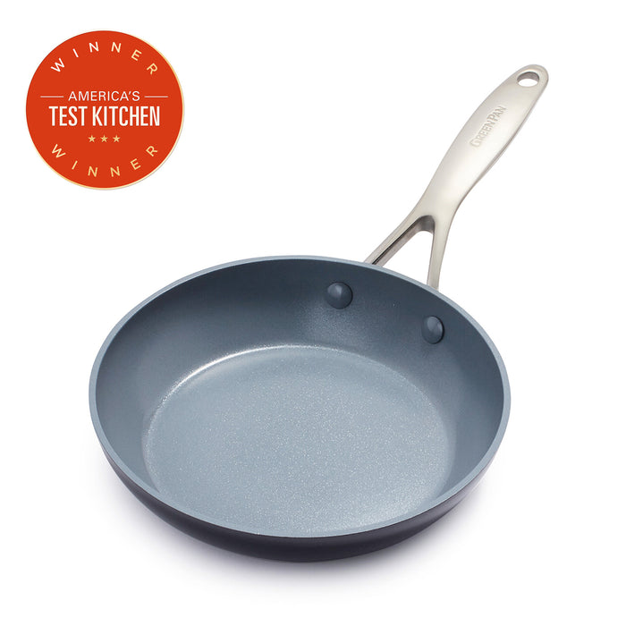 Ceramic nonstick 8-inch frypan with metal handle beside an Americas Test Kitchen Winner badge.