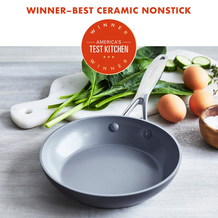 Gray ceramic nonstick 8-inch frypan on a kitchen counter.