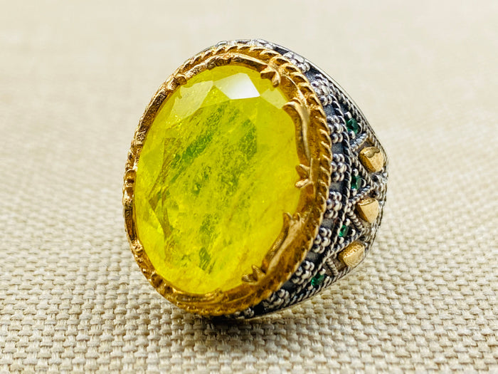 Vibrant Yellow Tourmaline Men's Ring | Handcrafted Turkish 925 Sterling Silver | Unique Gemstone Jewelry Gift