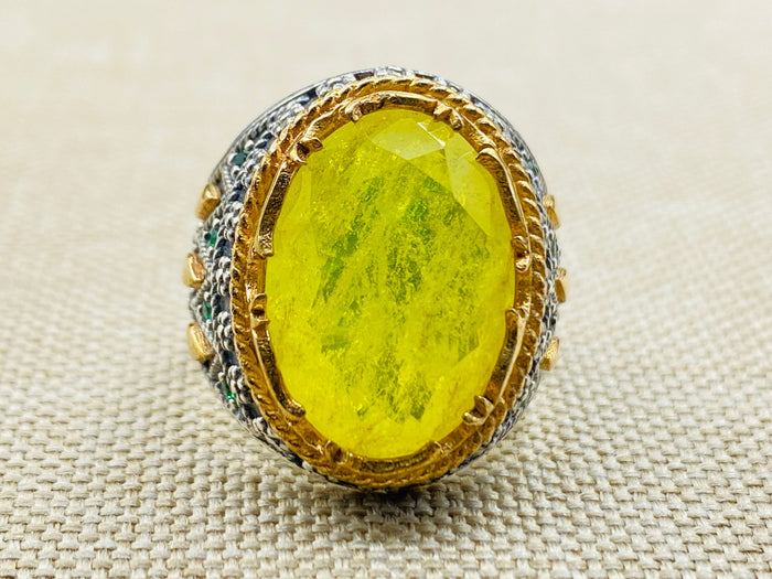 Vibrant Yellow Tourmaline Men's Ring | Handcrafted Turkish 925 Sterling Silver | Unique Gemstone Jewelry Gift
