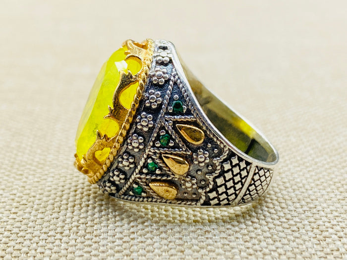 Vibrant Yellow Tourmaline Men's Ring | Handcrafted Turkish 925 Sterling Silver | Unique Gemstone Jewelry Gift