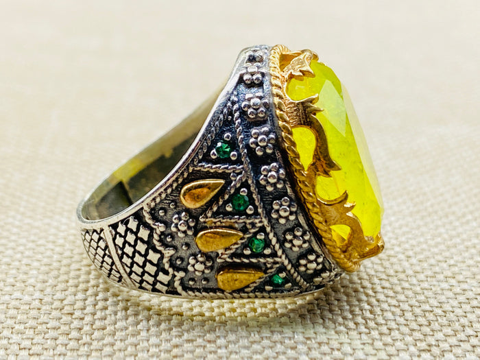 Vibrant Yellow Tourmaline Men's Ring | Handcrafted Turkish 925 Sterling Silver | Unique Gemstone Jewelry Gift
