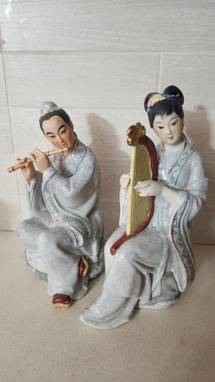 Vintage Chinese Crackle Glaze Porcelain Figurines - Musical Couple, 24cm