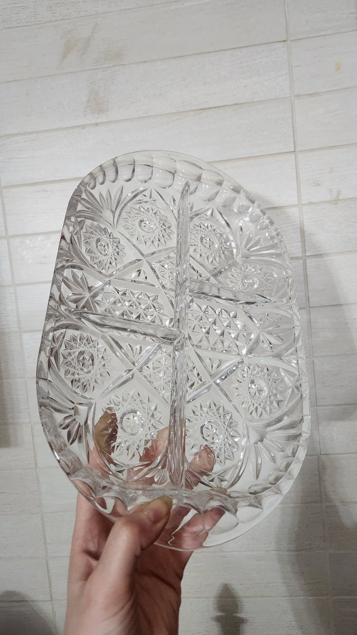 Vintage Clear Cut Crystal Style Divided Dish - Starburst & Daisy Pattern