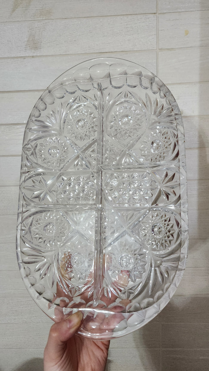 Vintage Clear Cut Crystal Style Divided Dish - Starburst & Daisy Pattern