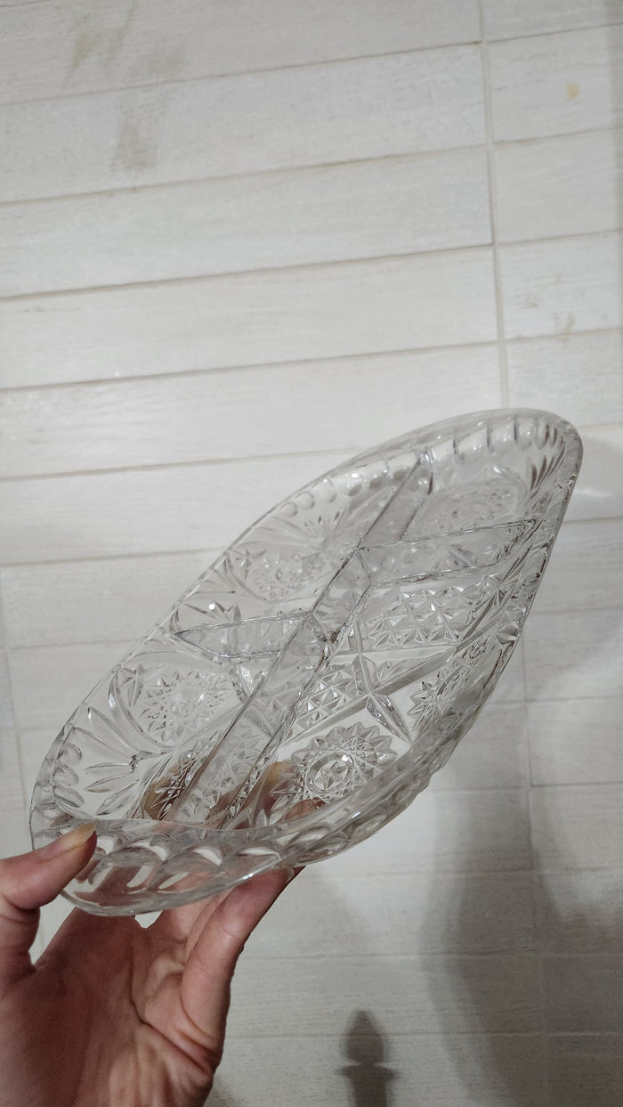 Vintage Clear Cut Crystal Style Divided Dish - Starburst & Daisy Pattern