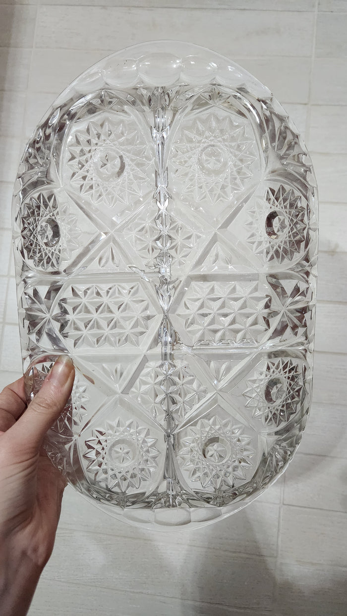 Vintage Clear Cut Crystal Style Divided Dish - Starburst & Daisy Pattern