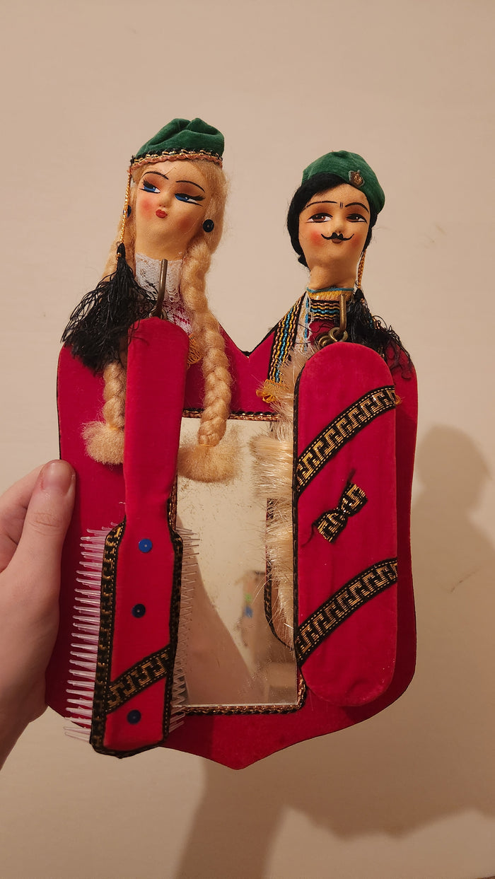 Vintage Czech souvenir dolls with a mirror and 2 hair brushes