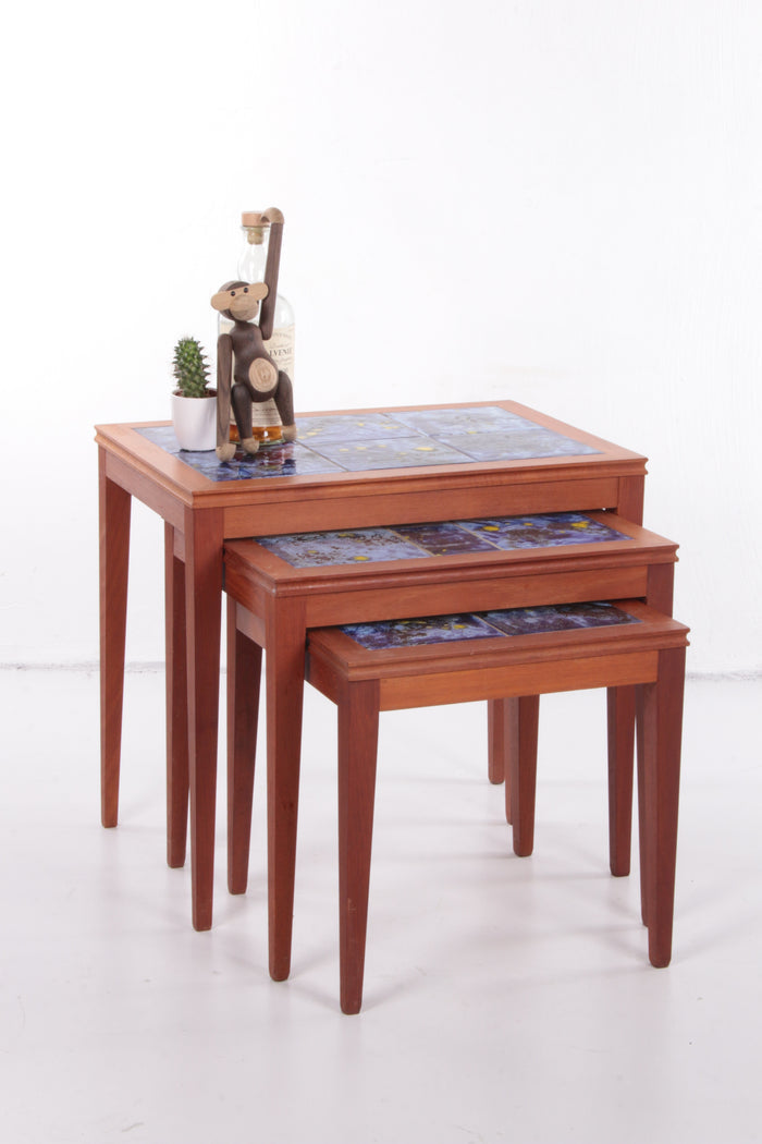 Vintage Danish Nesting Tables with Blue Ceramic Tiles