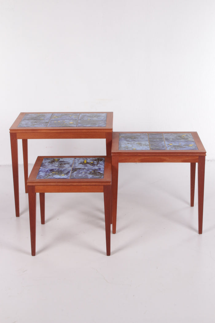 Vintage Danish Nesting Tables with Blue Ceramic Tiles