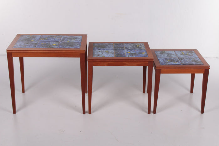 Vintage Danish Nesting Tables with Blue Ceramic Tiles