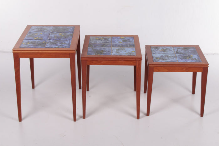 Vintage Danish Nesting Tables with Blue Ceramic Tiles