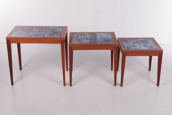 Vintage Danish Nesting Tables with Blue Ceramic Tiles