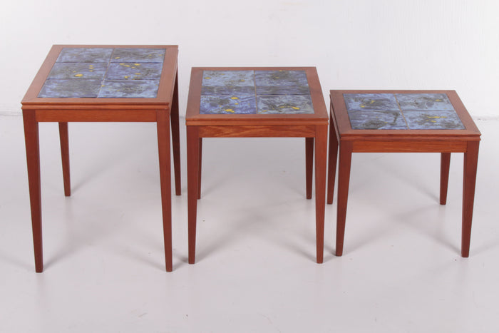 Vintage Danish Nesting Tables with Blue Ceramic Tiles