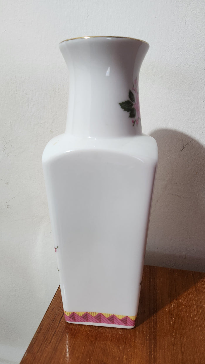 VINTAGE MINGEI PORCELAIN HANDCRAFTER JAPAN 10" VASE WITH PINK PEONY GREEN LEAVES