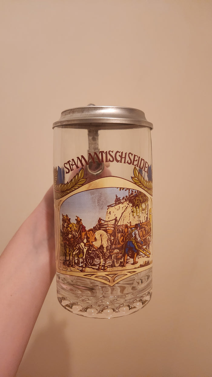 vintage Stammtisch seidel glass beer stein with a pewter lid