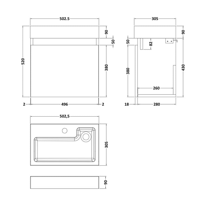 [BFCH015] Wall Hung Vanity Basin Unit & Slimline Polymarble Basin - 500mm - Woodgrain Charcoal Black - Technical Drawing