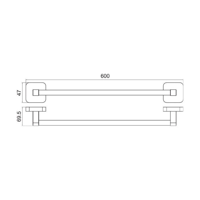 [BB101K] Wall Mounted Single Round Bathroom Towel Bar, 600mm - Choice of Finish - Technical Drawing